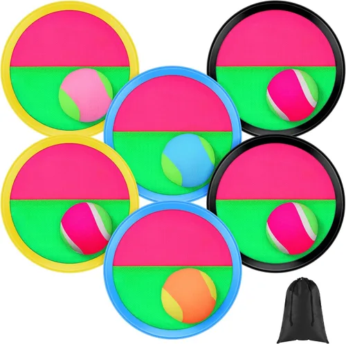 Aneco Juego de palas de disco y pelota de lanzamiento con bolsa de almacenamiento, 6 paletas y 6 pelotas Azul claro/negro/amarillo