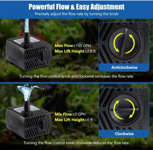 Miniatura 3 de Bomba de agua sumergible de 105 GPH con cable de alimentación de 4.76 pies y 2 boquillas, 5 W, ultra silenciosa, mini bomba de agua para acuario