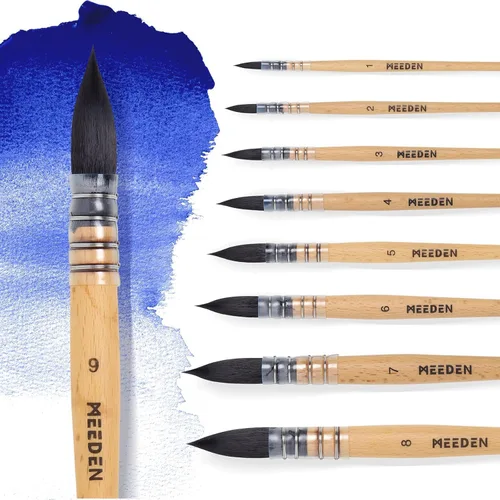 MEEDEN Pinceles de acuarela profesionales – Paquete de 9 pinceles sintéticos de ardilla para artistas con mango de madera de haya, ideal para