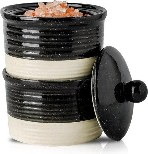 Miniatura 8 de Hasense Salero de cerámica con tapa, cuencos de sal y pimienta de 9 onzas, caja de sal apilable para encimera de cocina, decoración de cocina azul