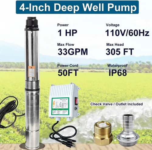 Miniatura 2 de iMeshbean® Bomba sumergible de pozo 1HP de 110 V, bomba de pozo profundo de 4 pulgadas con caja de control y cable de alimentación de 50 pies, bomba