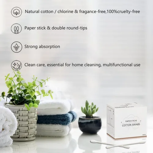 Miniatura 3 de Bastoncillos de algodón con varillas de papel 1000 unidades, hisopos dobles redondos para belleza y cuidado personal