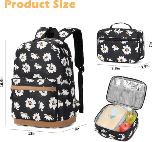 Miniatura 3 de Mochila escolar de 3 juegos, Pequeña margarita negra, Mediana, Mochilas Daypack