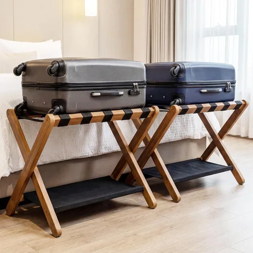 Miniatura 11 de Heybly Portaequipajes, soporte plegable para maleta con estante de almacenamiento, soporte de equipaje con 5 correas de nailon para habitación