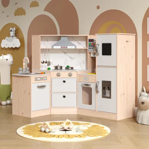 BVIUNTWO Juego de juguetes de cocina, juego de cocina de madera para niños con luces y sonidos reales, fregadero, estufa, horno, máquina de hielo y