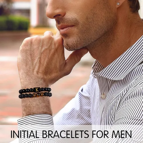 Miniatura 2 de STORUP Pulsera de regalo para hombres Pulsera de cuentas de piedra de lava de ojo de tigre de 0.315 in para hombre, enlace inicial, hecha a mano