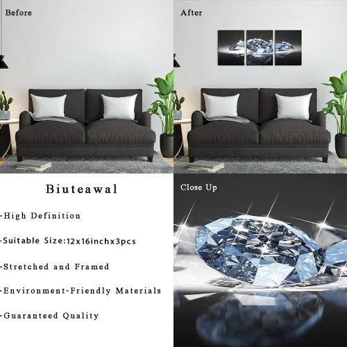 Miniatura 6 de Biuteawal Arte de pared blanco y negro de 3 paneles, diamantes de lujo sobre fondo negro, impresión sobre lienzo, pintura de moda, decoración