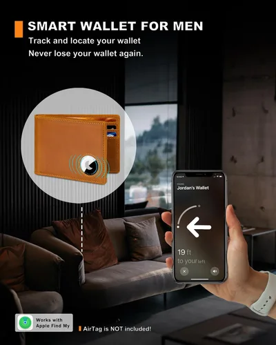 Miniatura 48 de Billetera AirTag para hombre, de piel auténtica plegable con bloqueo Rfid AirTag con ranuras para efectivo y ventana de identificación, compatible