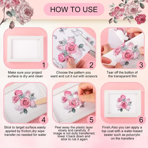 Miniatura 4 de BBTO 12 hojas de calcomanías de transferencia para manualidades y muebles, calcomanías de transferencia para madera, papel de bricolaje, decoración
