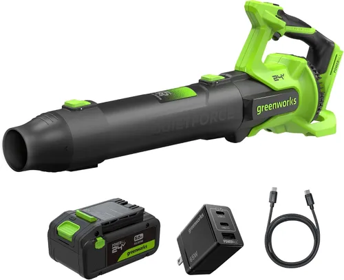 Greenworks Soplador de hojas axial sin escobillas de 24 V (515 CFM/130 MPH), volumen de aire extremo para hojas húmedas, residuos pesados y limpieza