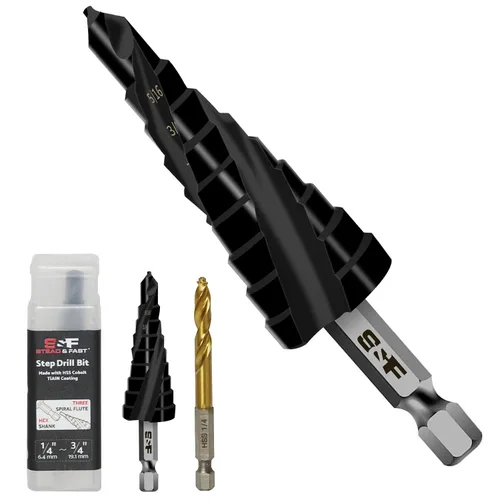 S&F STEAD & FAST Broca escalonada de cobalto para metal, tres flautas en espiral, 1/4"-3/4", 1 unidad, Unibit resistente, vástago hexagonal de 1/4",