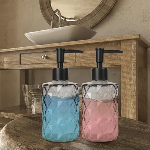 Miniatura 7 de Dispensador de jabón de vidrio Ulable con bomba de plástico, paquete de 2, diseño de diamante degradado de 12 oz, dispensador de jabón negro
