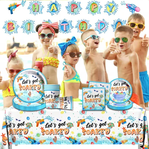 Miniatura 4 de Decoraciones de fiesta de verano, juego de vajilla de 142 piezas para fiesta de pistolas de agua, incluye platos y servilletas, mantel, bandera