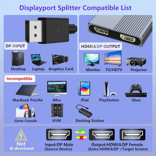 Miniatura 7 de Adaptador DisplayPort a HDMI y DisplayPort, adaptador de monitor dual de 4K a 60Hz, divisor de puerto DP a HDMI/pantalla extendida de 1 en 2
