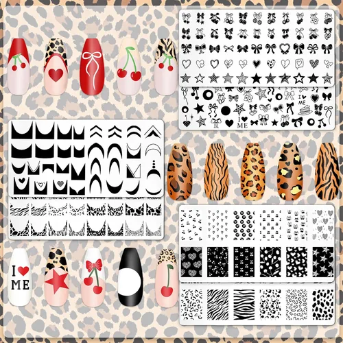 Miniatura 3 de Whaline Juego de 6 placas de estampado de uñas de guepardo y cerezas, arco de estrella de leopardo, cereza, placa de arte de uñas para bricolaje