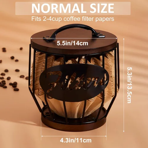 Miniatura 2 de Yangbaga Soporte para filtro de café con tapa de madera, cesta de almacenamiento de filtro de café de madera y metal para filtros de café de 2 a 4