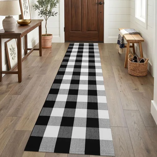 Miniatura 31 de KOZYFLY - Alfombras de área a cuadros de búfalo de 2x3 pies, alfombra a cuadros en negro y blanco lavable, alfombra de puerta delantera tejida a