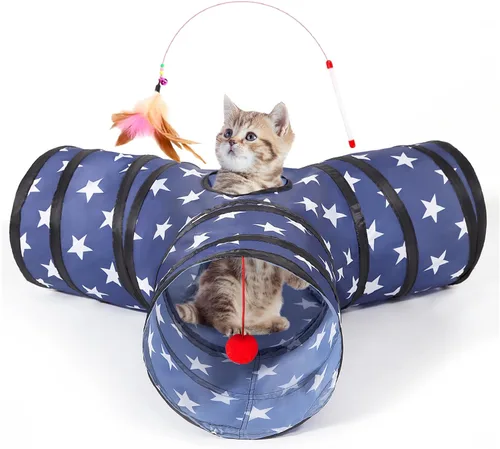Miniatura 10 de Tempcore Túnel para gatos con tubo de juguete, túneles plegables de 3 vías para gatos, túneles para mascotas aburridas con agujero y pelota, juguete