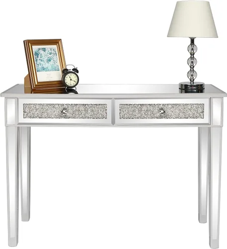 Miniatura 5 de Karl home Mesa de escritorio con espejo y 2 cajones, mesa consola plateada, mesa de sofá con espejo con incrustación de cristal en la parte