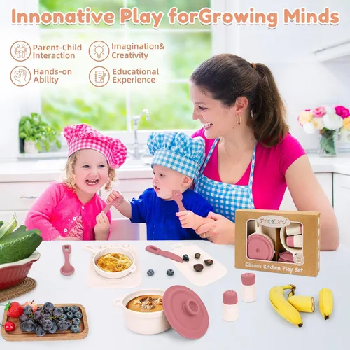 Miniatura 4 de TYRY.HU 11 piezas de juguetes de cocina para niños sin BPA, juegos de comida de silicona, juguetes de cocina con ollas y sartenes, juguetes de Rosa