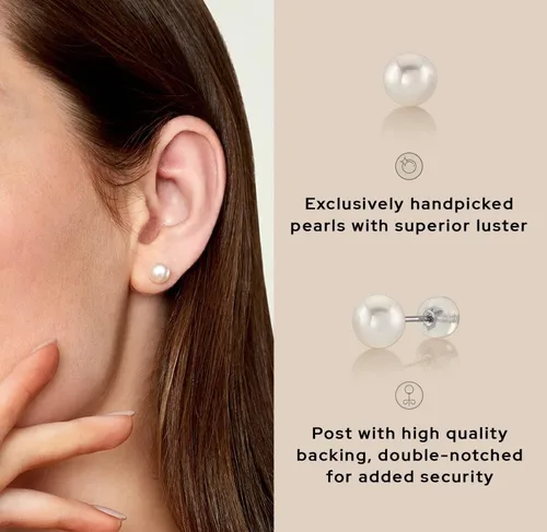 Miniatura 5 de THE PEARL SOURCE Aretes redondos de perlas reales de agua dulce blancas para mujer, aretes de oro de 14 quilates Aretes hipoalergénicos con perlas