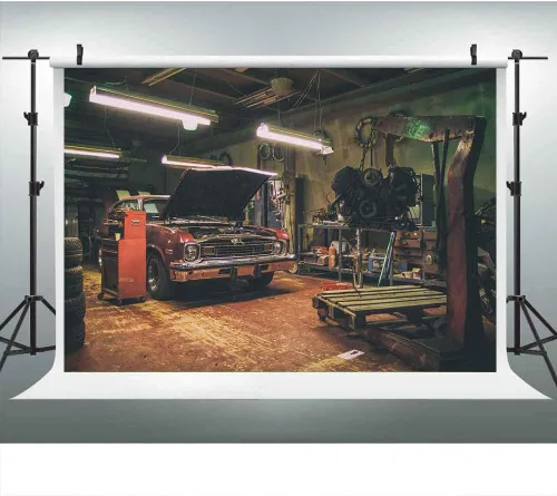 Miniatura 10 de Fondos de garaje antiguos para fotografía de 5 x 3 pies, fondos de reparación de automóviles temáticos para fiesta de fotos y accesorios de estudio