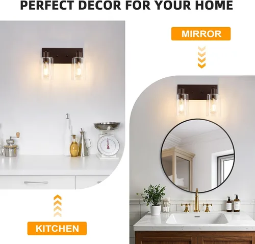 Miniatura 6 de 2 Luces de Iluminación para Baño, Accesorios de Iluminación de Tocador en Bronce Cepillado con Soporte de Vidrio Transparente de 33cm, Lámparas