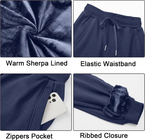 Miniatura 27 de MOUEEY Pantalones deportivos súper cálidos con forro de sherpa para mujer, pantalones deportivos de forro polar con bolsillos con cremallera