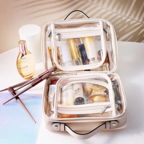Miniatura 5 de SANHECUN Neceser de viaje Estuche grande transparente para cosméticos bolsa de maquillaje (beige, pequeño)