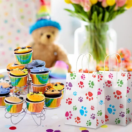 Miniatura 5 de Blulu 20 piezas bolsas de regalo con forma de pata de cachorro con asas de papel trenzado, bolsas de papel para regalo de golosinas para mascotas