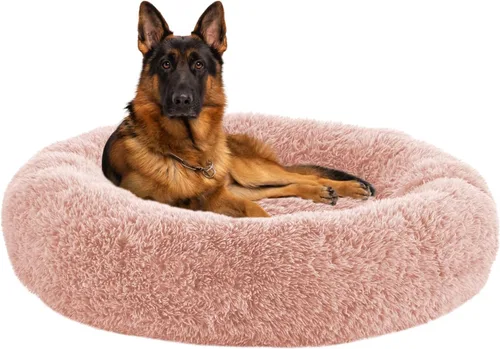 Miniatura 10 de Camas calmantes para perros grandes, cama para perros acolchonada de dona de piel sintética, almohada redonda y esponjosa, cama lavable para Marrón