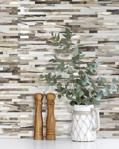Miniatura 8 de KASARO 20 hojas de azulejos autoadhesivos para salpicaduras para cocina, mármol marrón blanco con rayas doradas antiguas, azulejos de mosaico