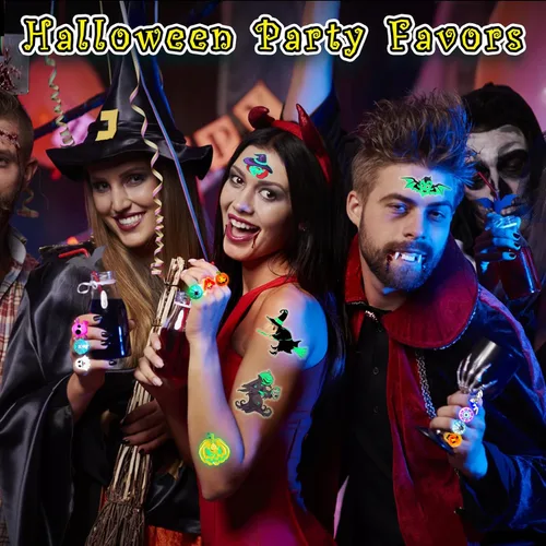Miniatura 6 de 60 recuerdos de fiesta de Halloween para niños, anillos y tatuajes iluminados, 50 anillos intermitentes LED y 10 tatuajes luminosos, rellenos