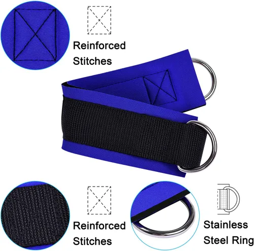 Miniatura 3 de 1 par de correas de tobillo de fitness para máquina de cable, doble anillo en D, ajuste cómodo ajustable de neopreno, para hombres y mujeres Azul
