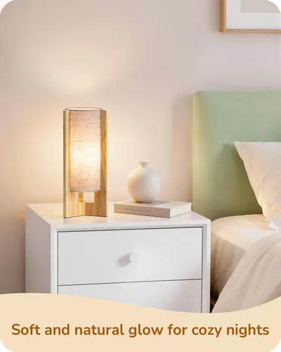 Miniatura 7 de EDISHINE Lámpara de mesa pequeña de madera, lámpara de noche moderna de 13.5 pulgadas, pantalla de lino beige, lámpara cilíndrica de madera natural