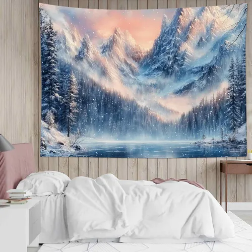 Miniatura 19 de LB Tapiz de Bosque de Nieve de Invierno, Pino Negro y Verde con Copo de Nieve Blanco Tapiz de Pared para Dormitorio, Arte de Pared de Paisaje