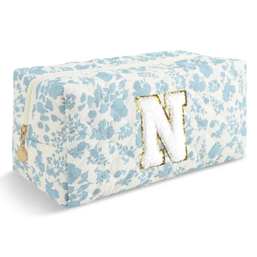 Miniatura 393 de Pequeña bolsa de maquillaje personalizada con inicial A-Z Preppy Patch, bolsa de cosméticos de viaje de felpilla blanca con cremallera, bonita bolsa
