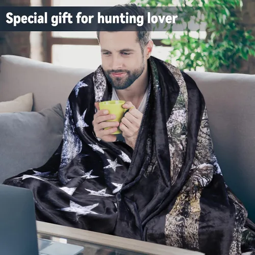 Miniatura 3 de Mantas Personalizadas de Caza de Ciervos con Nombre, Regalo Personalizado de Caza para Hombres, Manta de Franela con Bandera de Ciervo Camuflaje