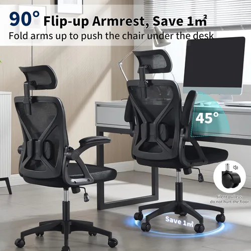 Miniatura 7 de Silla de oficina, silla de escritorio ergonómica con soporte lumbar ajustable, silla de computadora de malla de 400 libras, respaldo alto con Negro