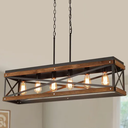Miniatura 11 de Paquete de 2 lámparas colgantes de madera rústica de granja con cadena ajustable de una sola luz de madera de roble y metal, iluminación colgante
