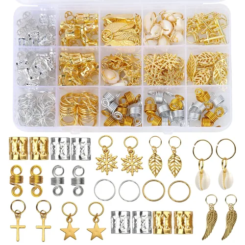 Nafaboig 200 cuentas de cabello para trenzas, joyería Loc para cabello, accesorios de rastas, clips de metal dorado y plateado, espirales, anillos