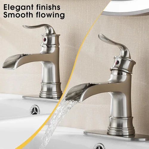 Miniatura 5 de FRANSITON Grifo de cascada para baño, una sola manija, un agujero, acabado de níquel cepillado, grifos de lavabo grandes (níquel cepillado)