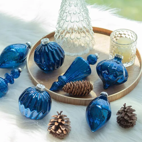 Miniatura 2 de KI Store Juego de 4 adornos navideños de vidrio de mercurio, remates grandes de carámbanos de Navidad colgantes para decoración del árbol de Azul