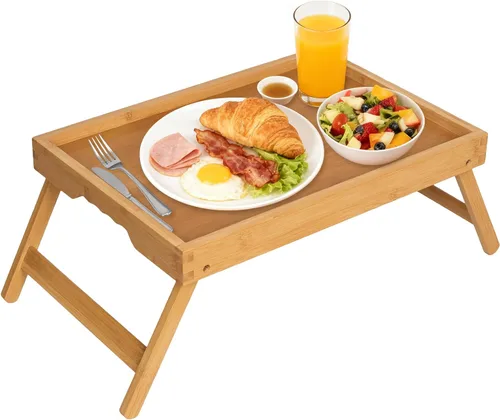 Miniatura 19 de Artmeer Bandeja de cama con patas plegables, desayuno de bambú en la cama para mesa de TV, bandeja de computadora portátil, comer, bandeja