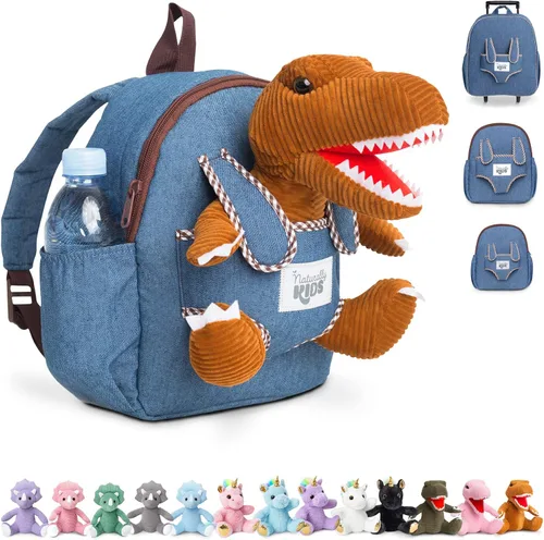 Naturally KIDS Mochilas - Mochila para niños y niñas con animales de peluche - Regalos para niños y niñas de 3 4 5 años 01 Brown T-rex Mochila