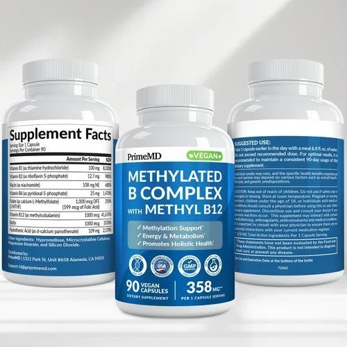 Miniatura 9 de Complejo B metilado con metilfolato y B12 metilcobalamina 1000 mcg - Multivitamínico metilado para energía, función cerebral y bienestar - Complejo