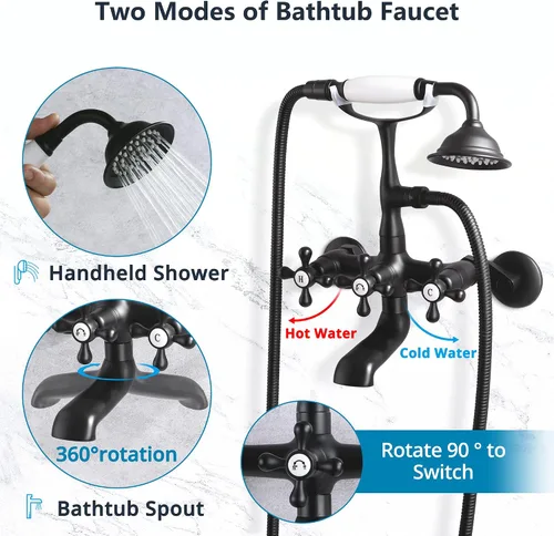 Miniatura 3 de Grifo de bañera para teléfono con pulverizador, para montaje en pared, ducha de mano, 3 manijas cruzadas, relleno de bañera antiguo, centro