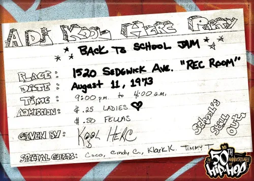 Ata-Boy El 50 aniversario del Hip Hop ADJ Kool Here Party Flier 2.5 X 3.5 pulgadas imán para taquillas y refrigeradores..