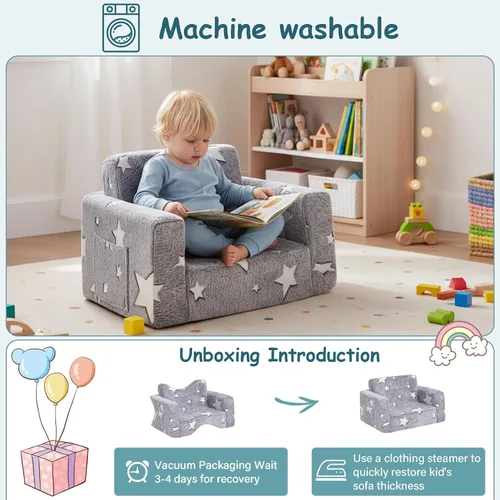 Miniatura 7 de Tiita Silla Sofá para Niños, Sillas Sofá Cómodas Plegables para Niños Pequeños, Sofá de Felpa 2 en 1 para Niños Desplegable, Silla Sofá con estrella