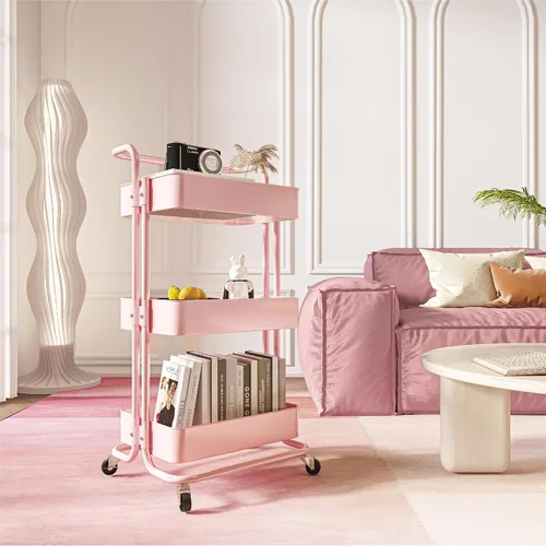 Miniatura 3 de Carrito de almacenamiento con ruedas de metal, carrito utilitario de 3 niveles con ruedas, organizador multifuncional para cocina, dormitorio, Rosa